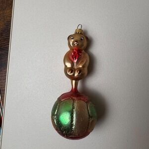 Vintage West Germany Glass Teddy Bear Ball Christmas Ornament Hand Painted